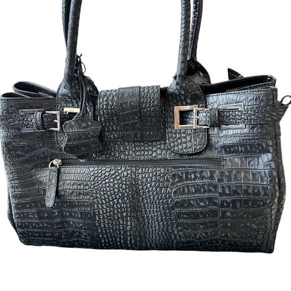 CHARLIE LEPSON SATCHEL LEATHER BLACK CROC DESIGN NEW SILVER HARDWARE - Picture 2 of 10